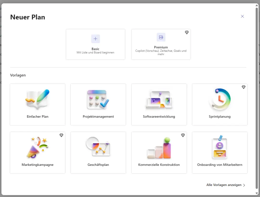 Screenshot manuelle Verwaltung von Plänen in Microsoft Planner